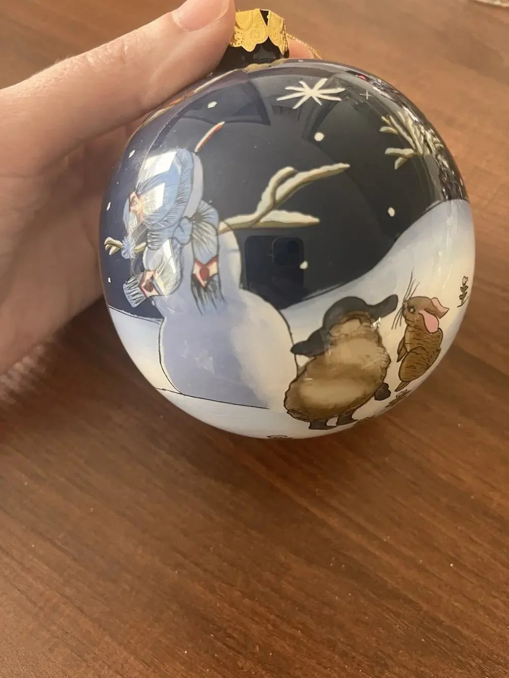 Pier 1 Li Bien Hand Painted Inside Glass Ornament Vtg ChristmasNavy Blue Bunnies